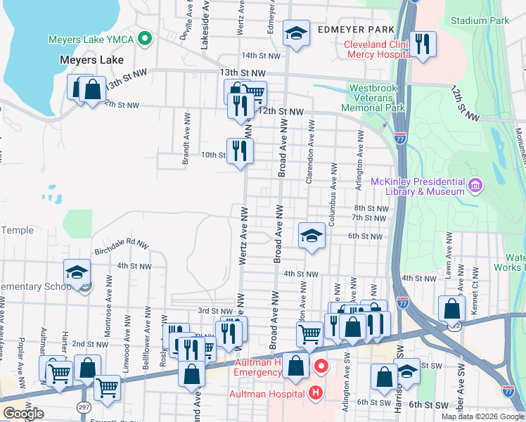 map of restaurants, bars, coffee shops, grocery stores, and more near 2906 8th Street Northwest in Canton