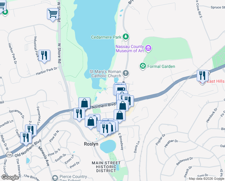 map of restaurants, bars, coffee shops, grocery stores, and more near 61 Bryant Avenue in Roslyn