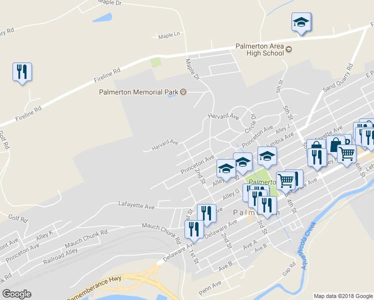 map of restaurants, bars, coffee shops, grocery stores, and more near 302 2nd Street in Palmerton