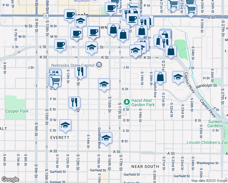 map of restaurants, bars, coffee shops, grocery stores, and more near 1637 G Street in Lincoln