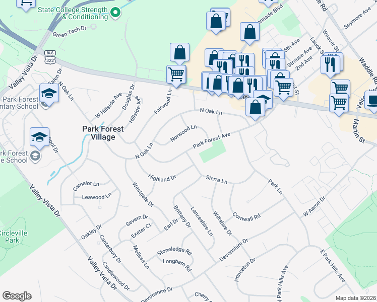 map of restaurants, bars, coffee shops, grocery stores, and more near 1936 Park Forest Avenue in State College