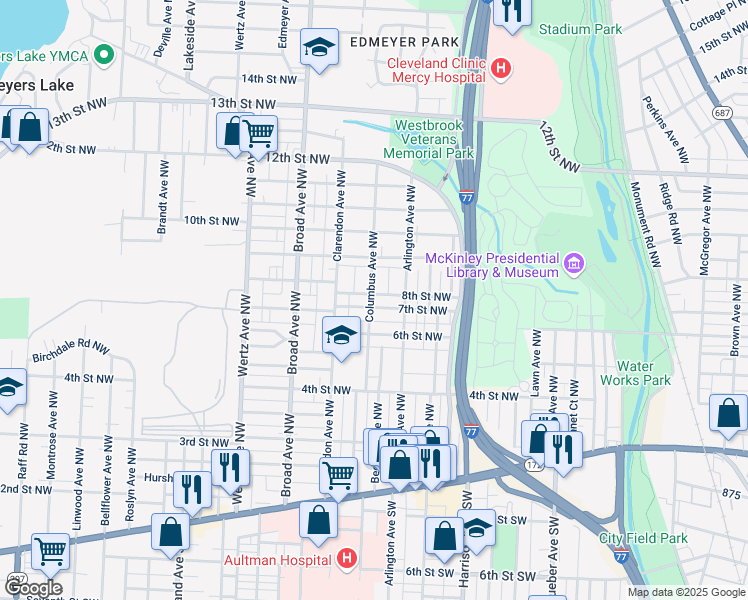 map of restaurants, bars, coffee shops, grocery stores, and more near 708 Columbus Avenue Northwest in Canton
