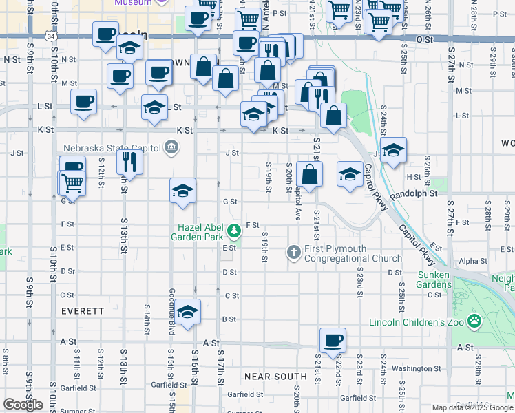 map of restaurants, bars, coffee shops, grocery stores, and more near 1833 G Street in Lincoln