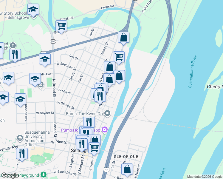 map of restaurants, bars, coffee shops, grocery stores, and more near 595-599 North Market Street in Selinsgrove