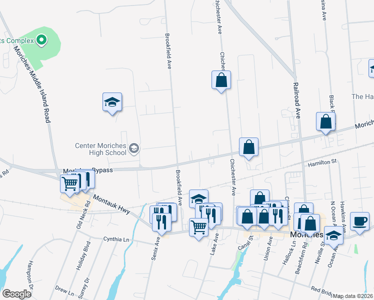 map of restaurants, bars, coffee shops, grocery stores, and more near 253 Frowein Road in Center Moriches