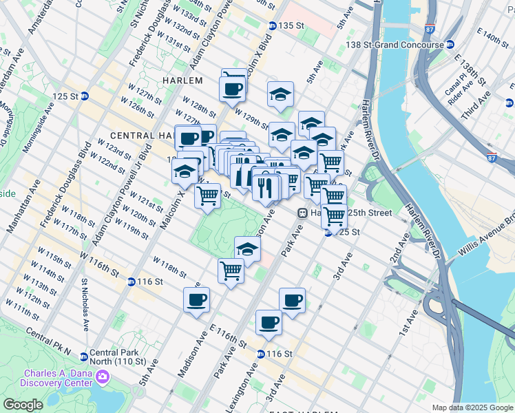 map of restaurants, bars, coffee shops, grocery stores, and more near 4 East 125th Street in New York