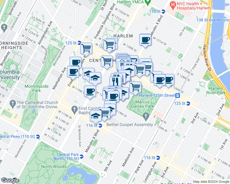 map of restaurants, bars, coffee shops, grocery stores, and more near 38 West 123rd Street in New York