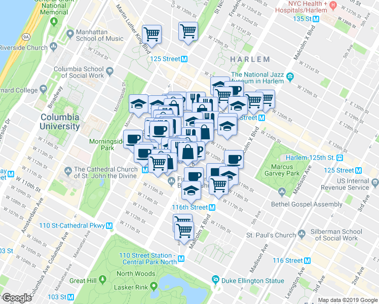 map of restaurants, bars, coffee shops, grocery stores, and more near 1980 Adam Clayton Powell Junior Boulevard in New York