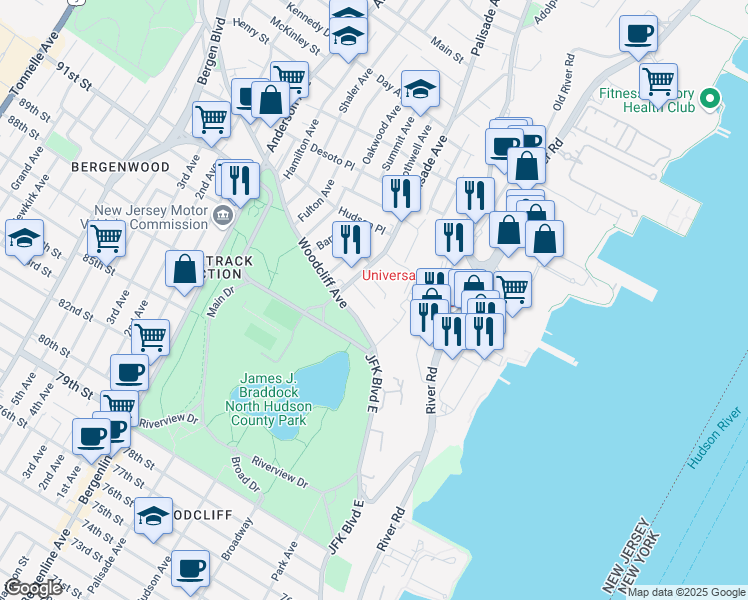map of restaurants, bars, coffee shops, grocery stores, and more near 142 Hillcrest Place in North Bergen