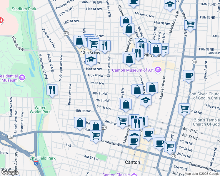 map of restaurants, bars, coffee shops, grocery stores, and more near 911 Clover Court Northwest in Canton