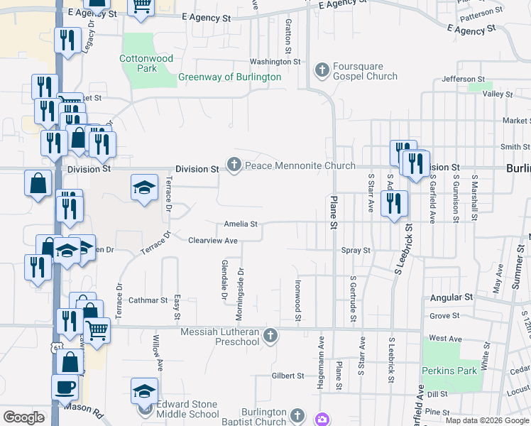 map of restaurants, bars, coffee shops, grocery stores, and more near 2508 Sunrise Lane in Burlington