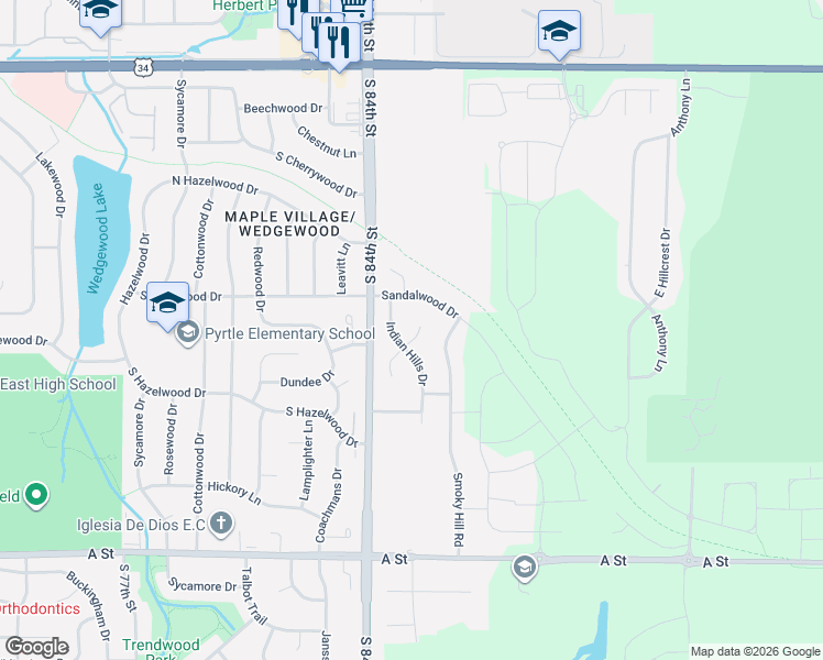 map of restaurants, bars, coffee shops, grocery stores, and more near 8520 Arrowhead Circle in Lincoln
