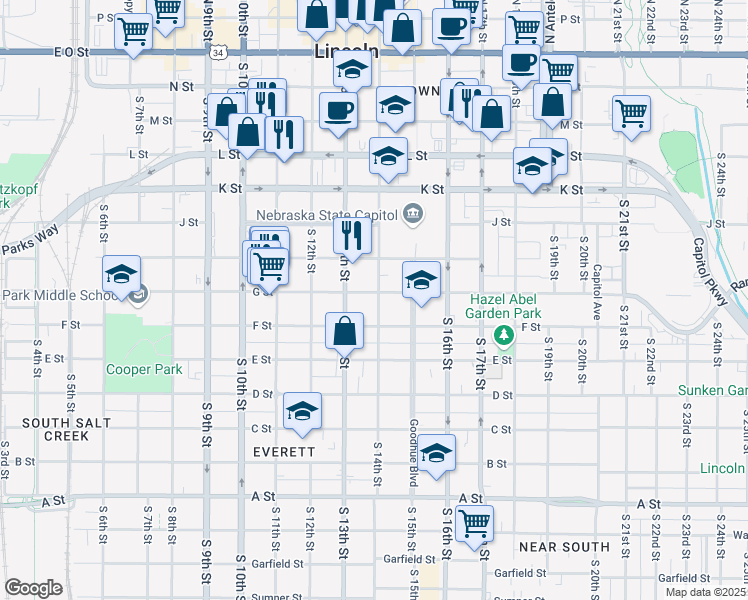 map of restaurants, bars, coffee shops, grocery stores, and more near 1300 G Street in Lincoln