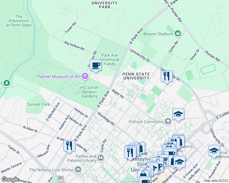 map of restaurants, bars, coffee shops, grocery stores, and more near Bigler Road in State College