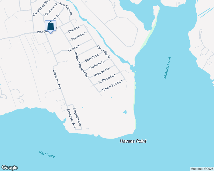map of restaurants, bars, coffee shops, grocery stores, and more near 42 Driftwood Lane in East Moriches