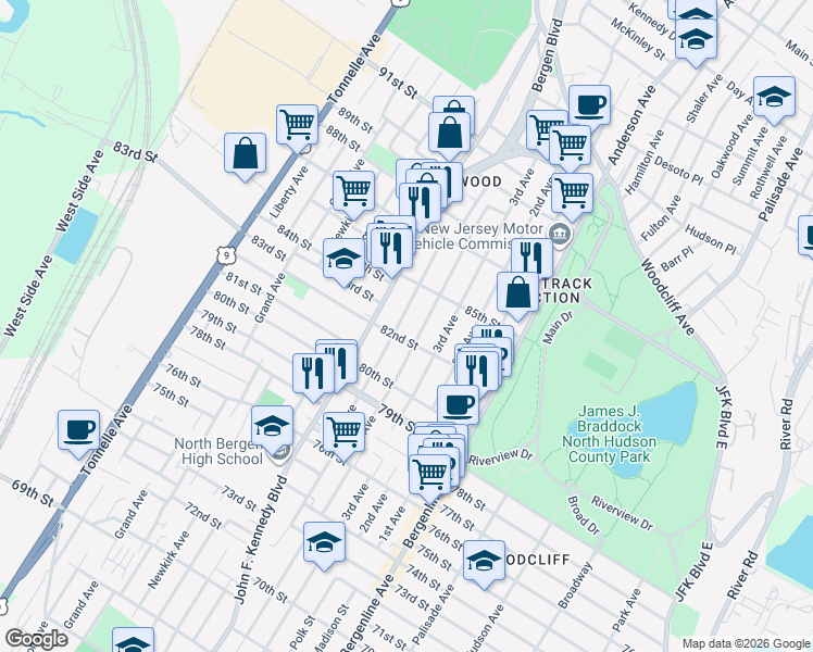 map of restaurants, bars, coffee shops, grocery stores, and more near 8304 5th Avenue in North Bergen