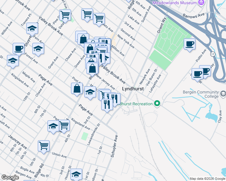 map of restaurants, bars, coffee shops, grocery stores, and more near 675 New Jersey Avenue in Lyndhurst