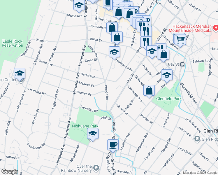 map of restaurants, bars, coffee shops, grocery stores, and more near 2 Melrose Place in Montclair