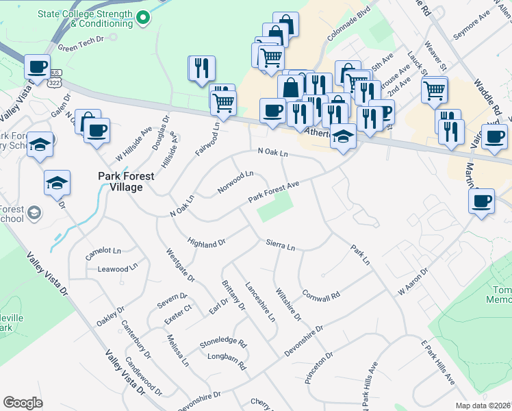 map of restaurants, bars, coffee shops, grocery stores, and more near 1900-1936 Park Forest Ave in State College