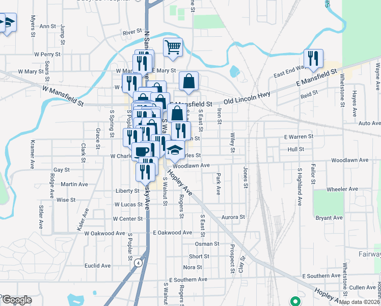 map of restaurants, bars, coffee shops, grocery stores, and more near 325 South Lane Street in Bucyrus