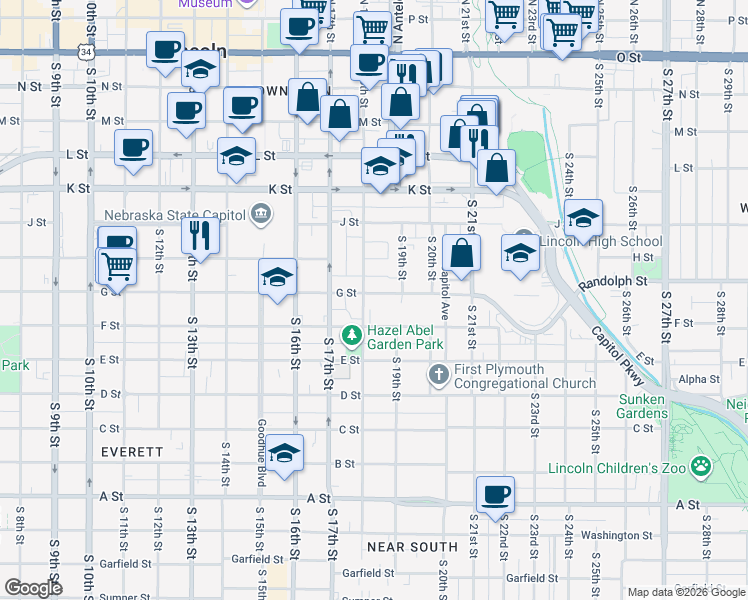 map of restaurants, bars, coffee shops, grocery stores, and more near 1834 G Street in Lincoln