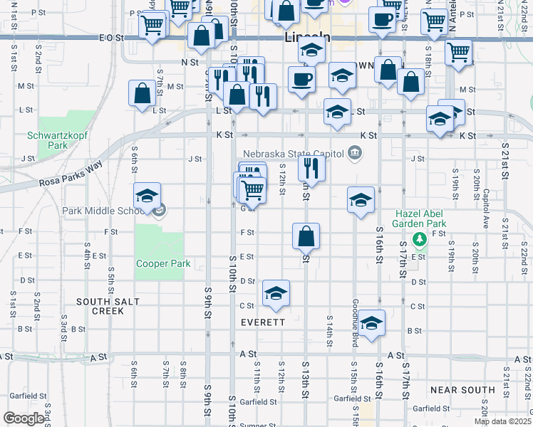 map of restaurants, bars, coffee shops, grocery stores, and more near 1113 G Street in Lincoln