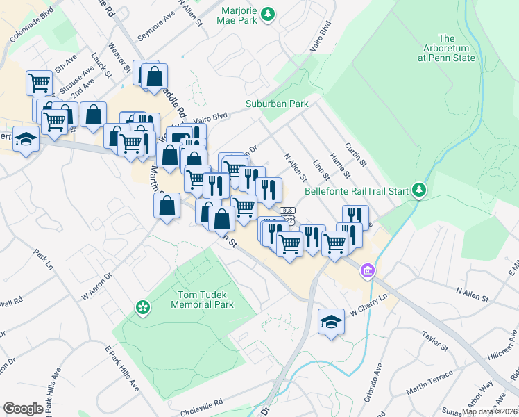 map of restaurants, bars, coffee shops, grocery stores, and more near 1498 N Atherton St in State College
