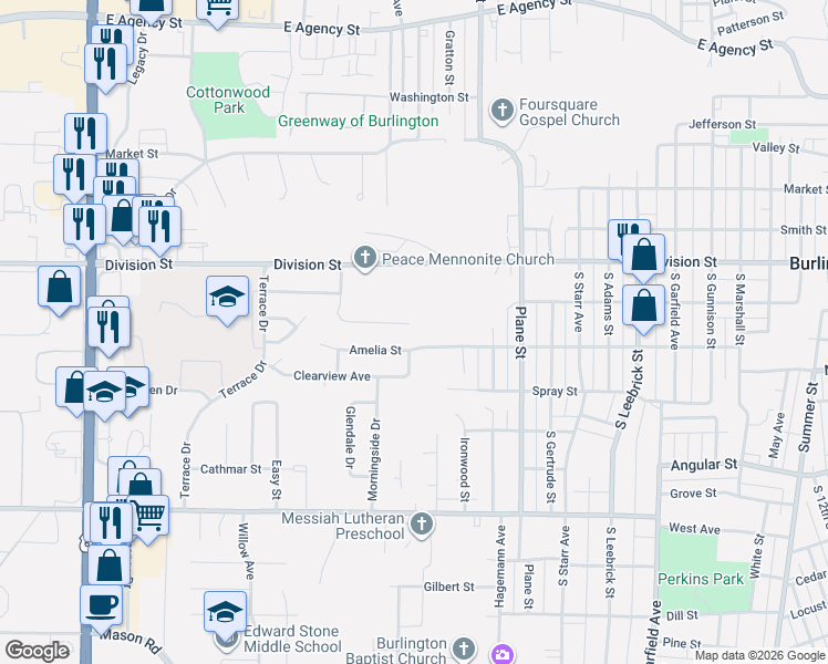 map of restaurants, bars, coffee shops, grocery stores, and more near 2508 Sunrise Lane in Burlington