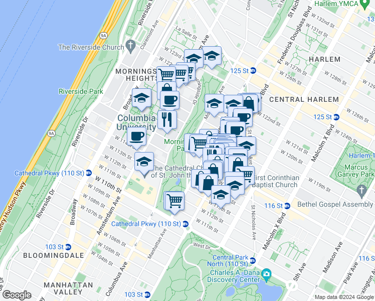 map of restaurants, bars, coffee shops, grocery stores, and more near West 116th Street & Morningside Avenue in New York