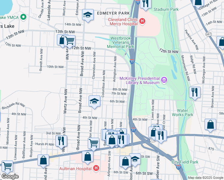 map of restaurants, bars, coffee shops, grocery stores, and more near 717 Arlington Avenue Northwest in Canton