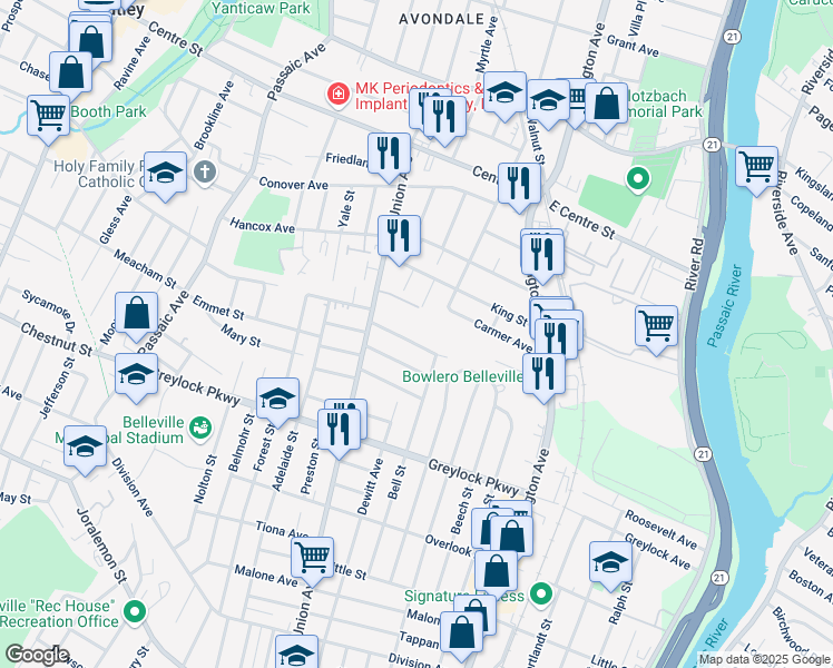 map of restaurants, bars, coffee shops, grocery stores, and more near 24 Berton Place in Belleville