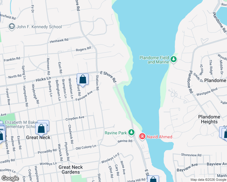 map of restaurants, bars, coffee shops, grocery stores, and more near 371 East Shore Road in Great Neck