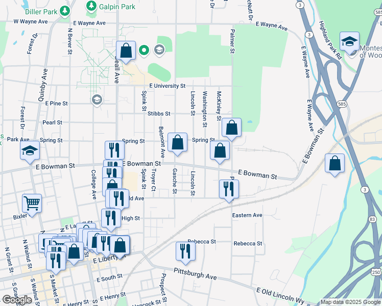 map of restaurants, bars, coffee shops, grocery stores, and more near 645 Lincoln Street in Wooster