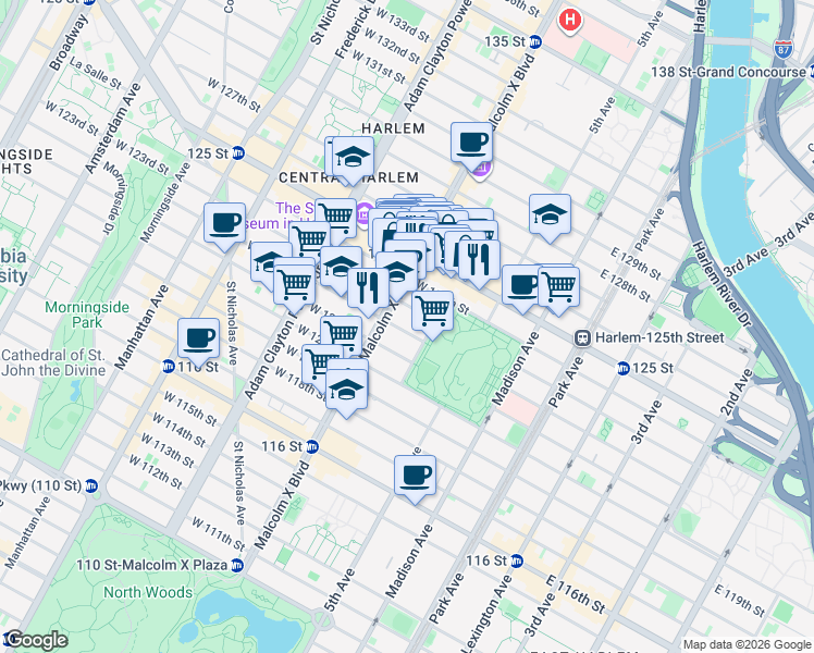 map of restaurants, bars, coffee shops, grocery stores, and more near 11 West 122nd Street in New York