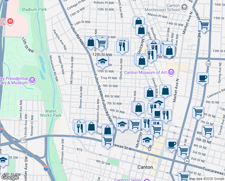 map of restaurants, bars, coffee shops, grocery stores, and more near 911 Clover Court Northwest in Canton