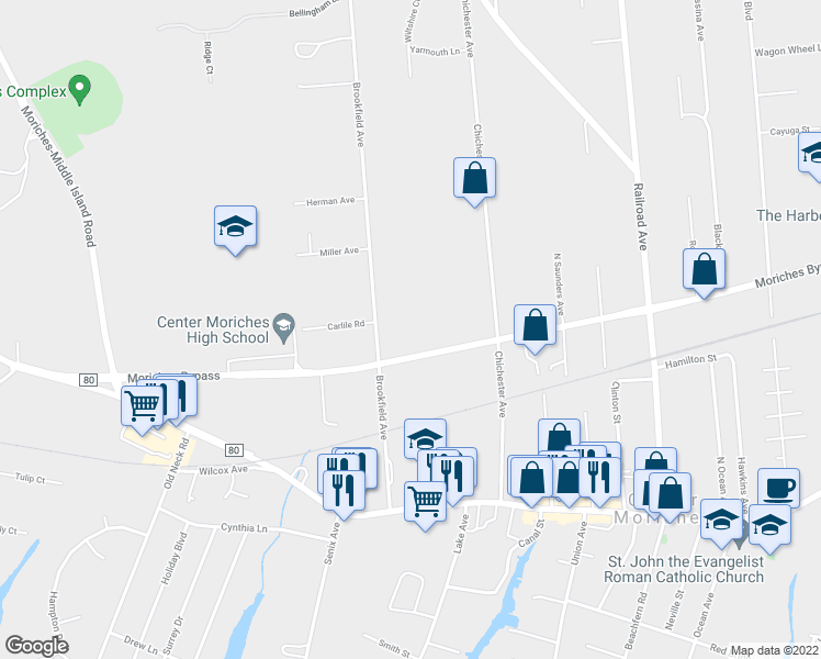 map of restaurants, bars, coffee shops, grocery stores, and more near 253 Frowein Road in Center Moriches