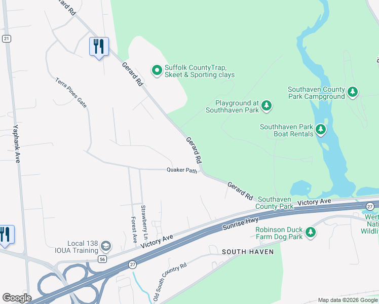 map of restaurants, bars, coffee shops, grocery stores, and more near 194 Gerard Road in Yaphank