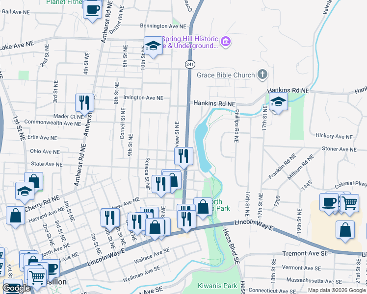 map of restaurants, bars, coffee shops, grocery stores, and more near 870 Parkview Street Northeast in Massillon