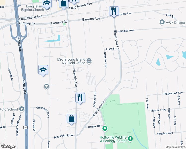 map of restaurants, bars, coffee shops, grocery stores, and more near Corporate Court in Holtsville