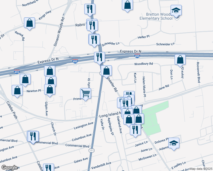 map of restaurants, bars, coffee shops, grocery stores, and more near 300 Wheeler Road in Hauppauge