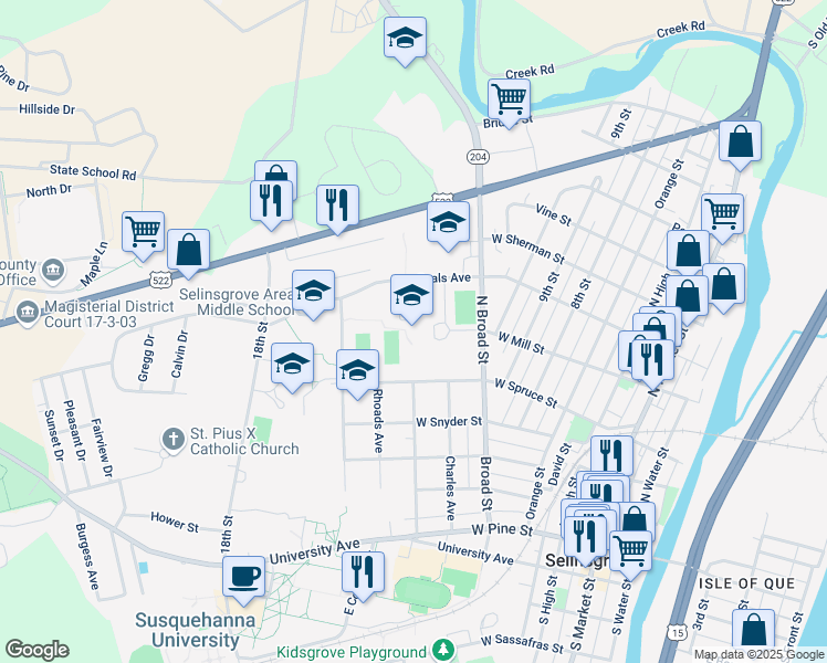 map of restaurants, bars, coffee shops, grocery stores, and more near 500 North Broad Street in Selinsgrove