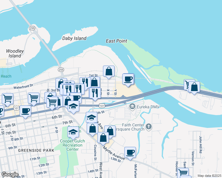 map of restaurants, bars, coffee shops, grocery stores, and more near in Eureka