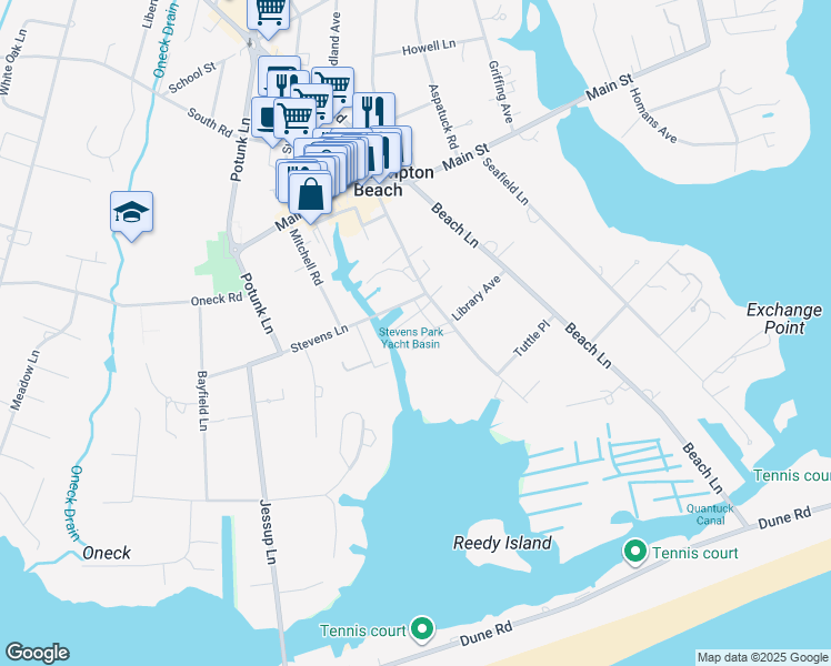 map of restaurants, bars, coffee shops, grocery stores, and more near 1 Library Avenue in Westhampton Beach
