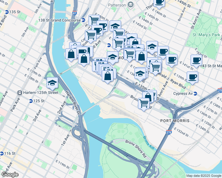 map of restaurants, bars, coffee shops, grocery stores, and more near 80 Bruckner Boulevard in Bronx