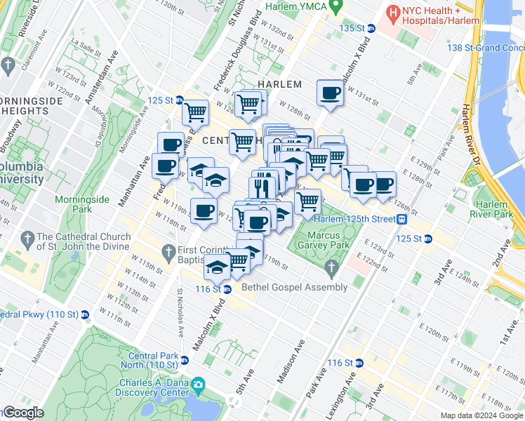map of restaurants, bars, coffee shops, grocery stores, and more near 38 West 123rd Street in New York