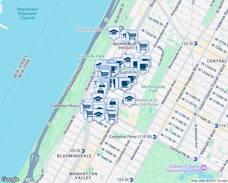 map of restaurants, bars, coffee shops, grocery stores, and more near 528 West 114th Street in New York