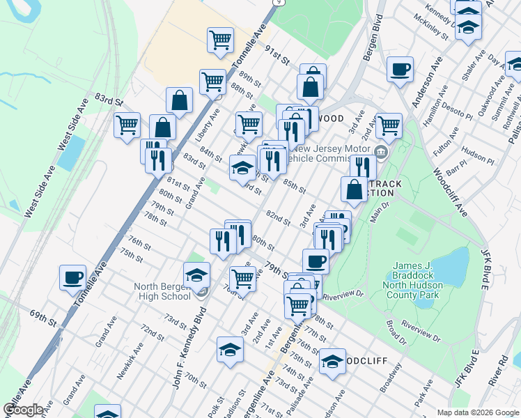 map of restaurants, bars, coffee shops, grocery stores, and more near 8203 B John F. Kennedy Boulevard in North Bergen