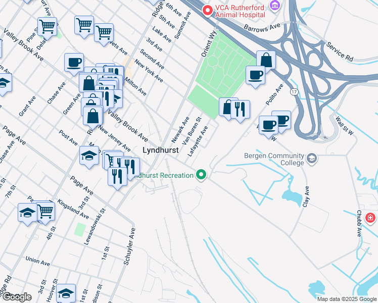 map of restaurants, bars, coffee shops, grocery stores, and more near 273 Van Buren Street in Lyndhurst
