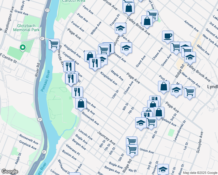 map of restaurants, bars, coffee shops, grocery stores, and more near 351 Copeland Avenue in Lyndhurst