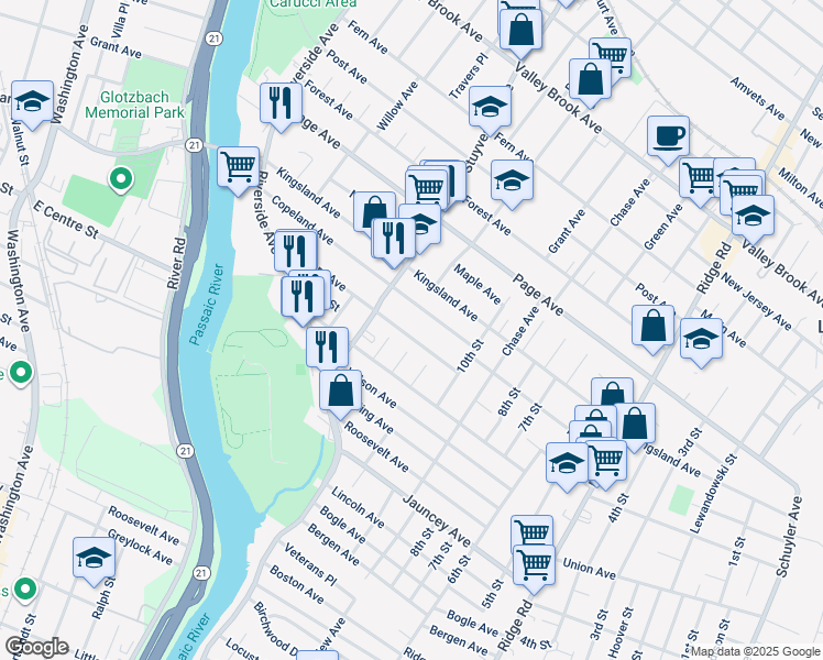 map of restaurants, bars, coffee shops, grocery stores, and more near 321 Sanford Avenue in Lyndhurst
